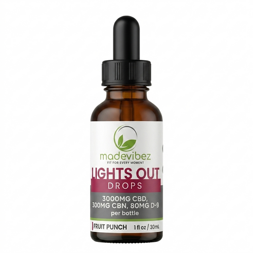 3000mg of Full-Spectrum CBD, 300mg of CBN, and 80mg of Delta-9 Lights Out Drops (Fruit Punch)