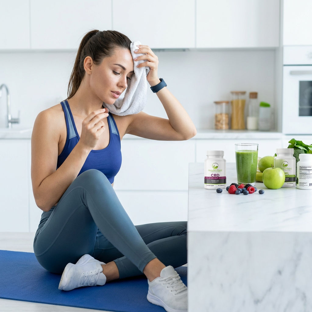Woman in workout attire sitting on a mat in a kitchen with health products and fruits on the counter.