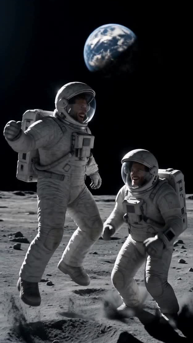 Two astronauts in white space suits floating on a gray lunar surface with Earth visible in the black outer space background.