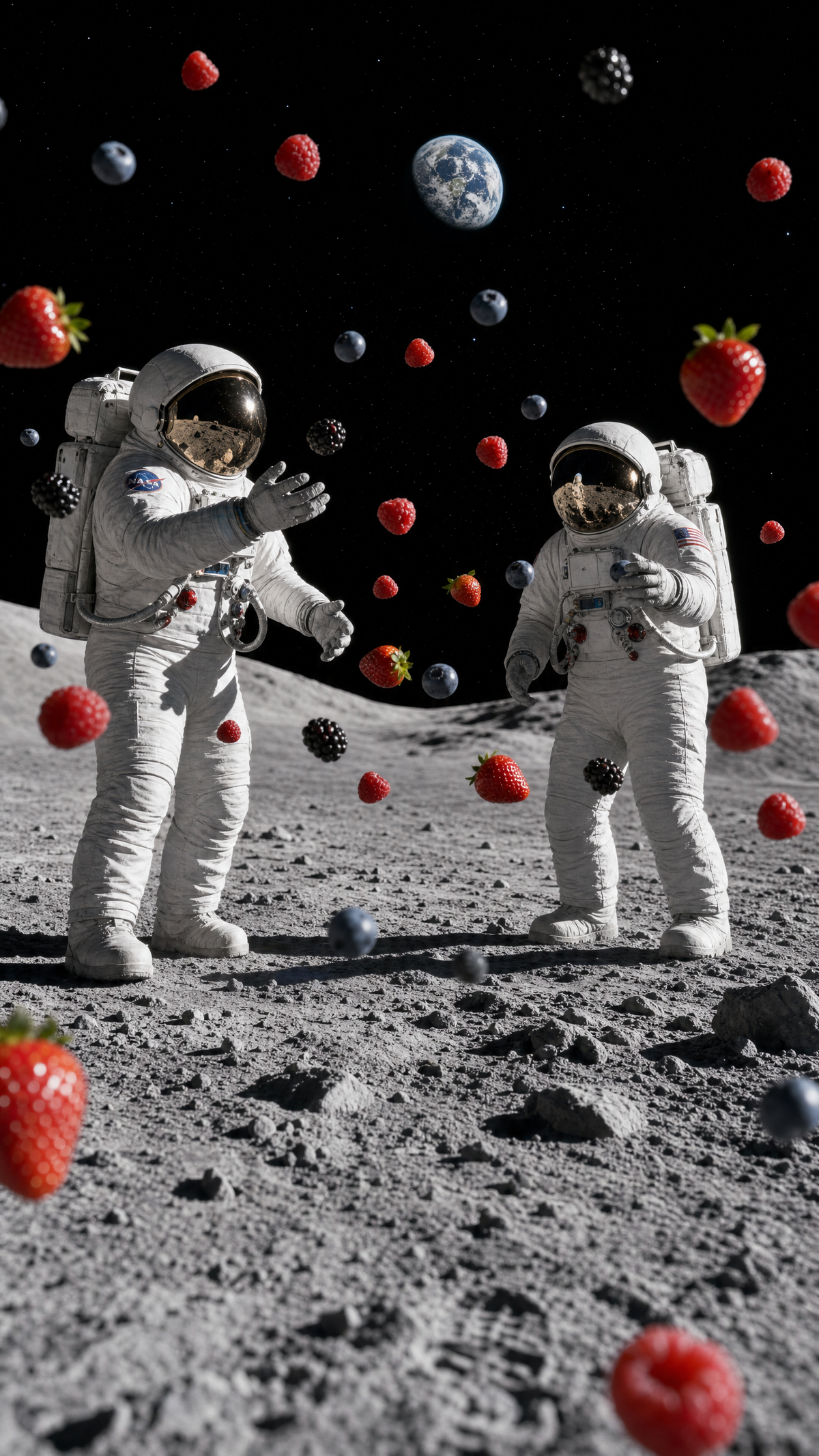 Two astronauts standing on a gray lunar surface under a black space background, surrounded by floating strawberries, blueberries, and other fruits, with Earth visible in the distance.