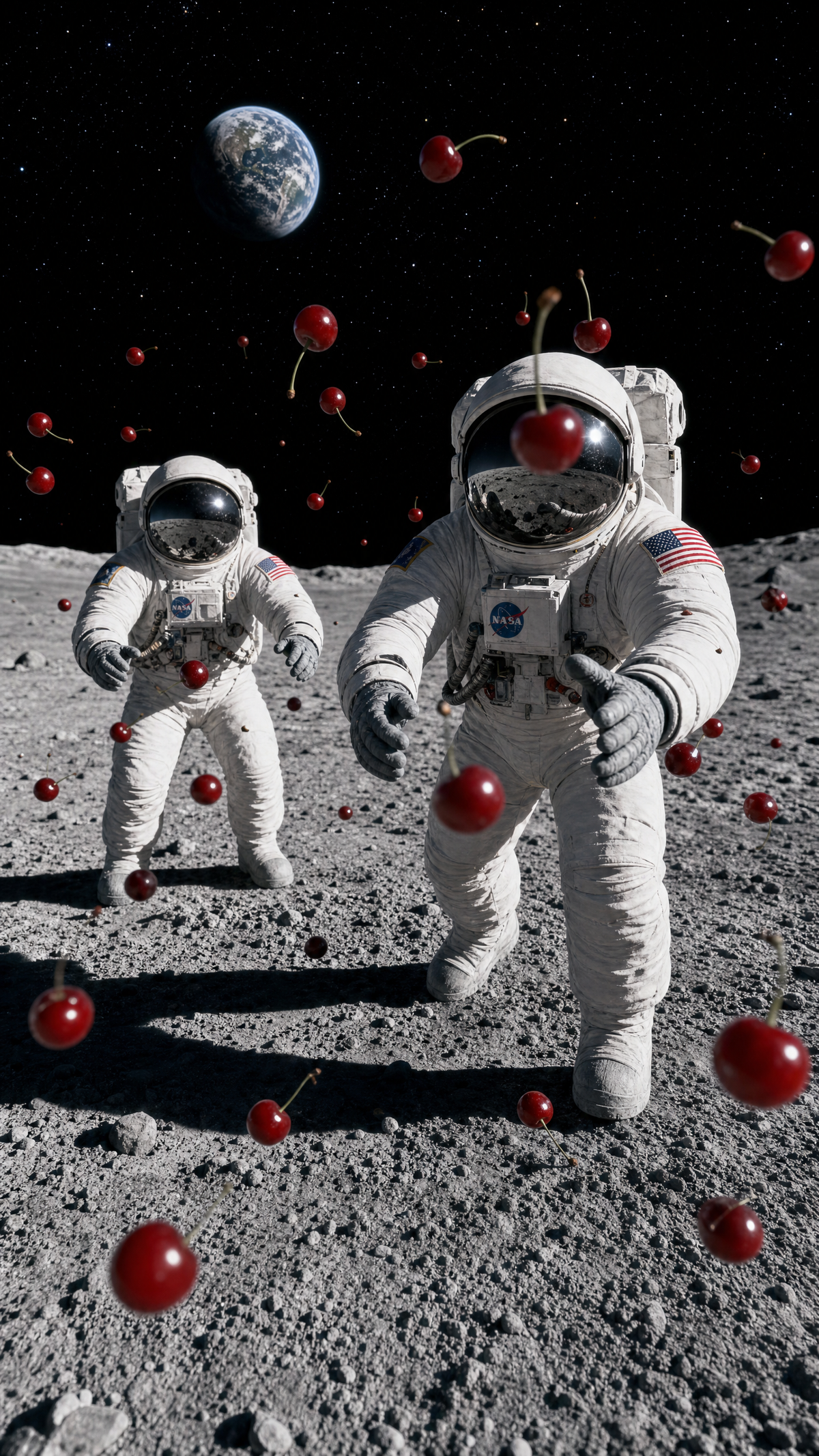 Two astronauts in white space suits stand on a gray lunar surface with cherry-shaped objects floating around them, with Earth visible in the black starry sky.
