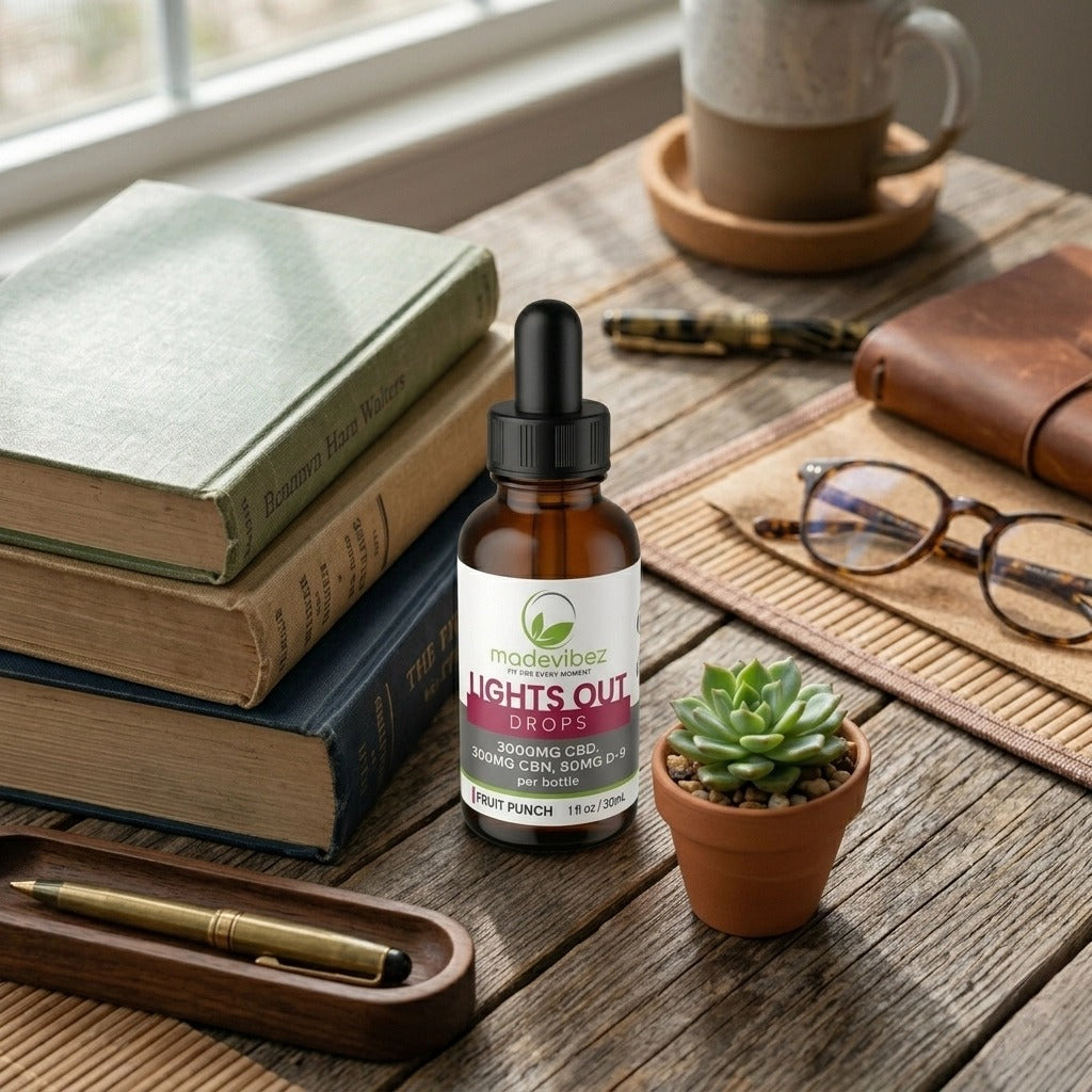 Bottle of MadeVibez Lights Out Drops on a wooden surface with books, a cup, and a plant.