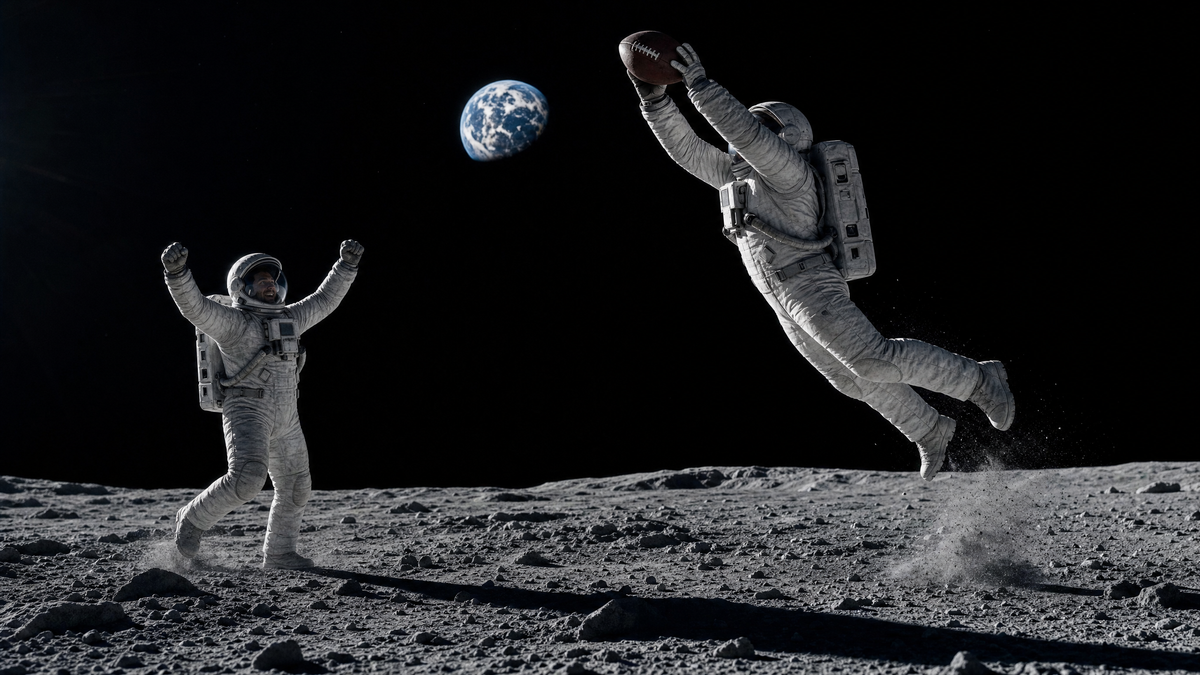 Two astronauts in white spacesuits floating on a dusty gray lunar surface, with one reaching toward a football and the other standing with arms raised, against a black sky and a blue-and-white Earth in the distance.