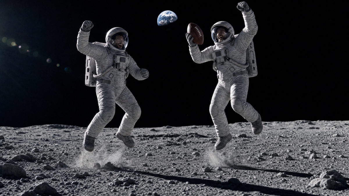 Two astronauts in white spacesuits jump on a rocky lunar surface, with one holding a football and the Earth visible in the black space background.
