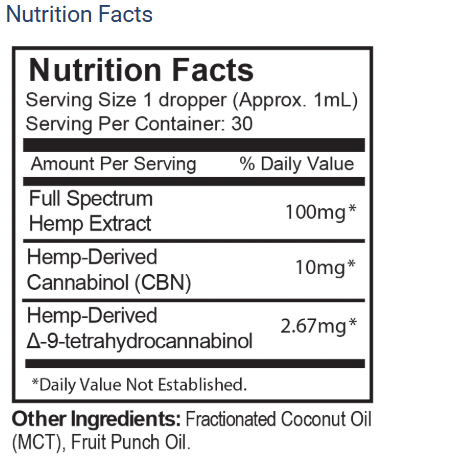 3000mg of Full-Spectrum CBD, 300mg of CBN, and 80mg of Delta-9 Lights Out Drops (Fruit Punch)