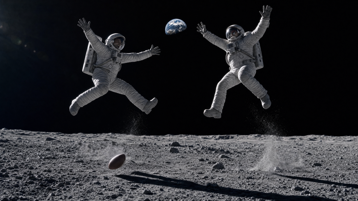 Two astronauts floating in space above a gray lunar surface, with the Earth visible in the black sky and a football-shaped object on the moon's ground.